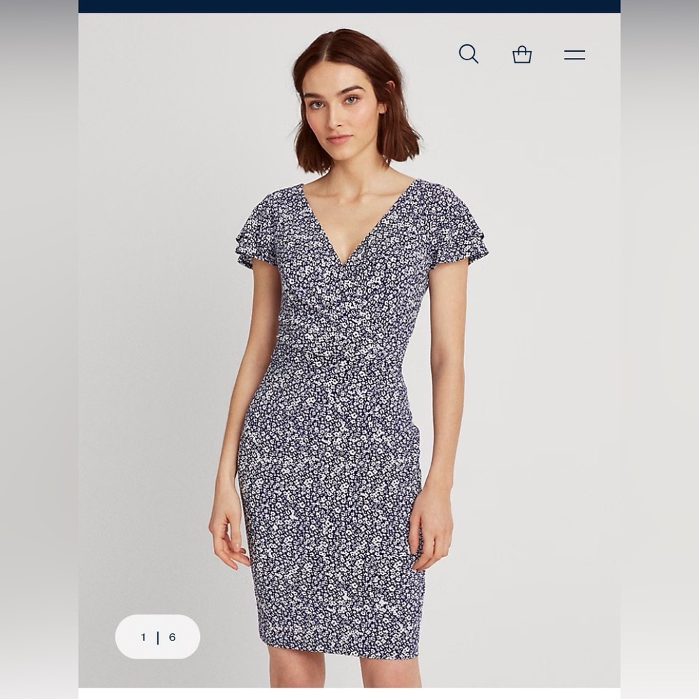 Polo by Ralph Lauren Blue and White Patterned Floral Flutter-Sleeved Dress